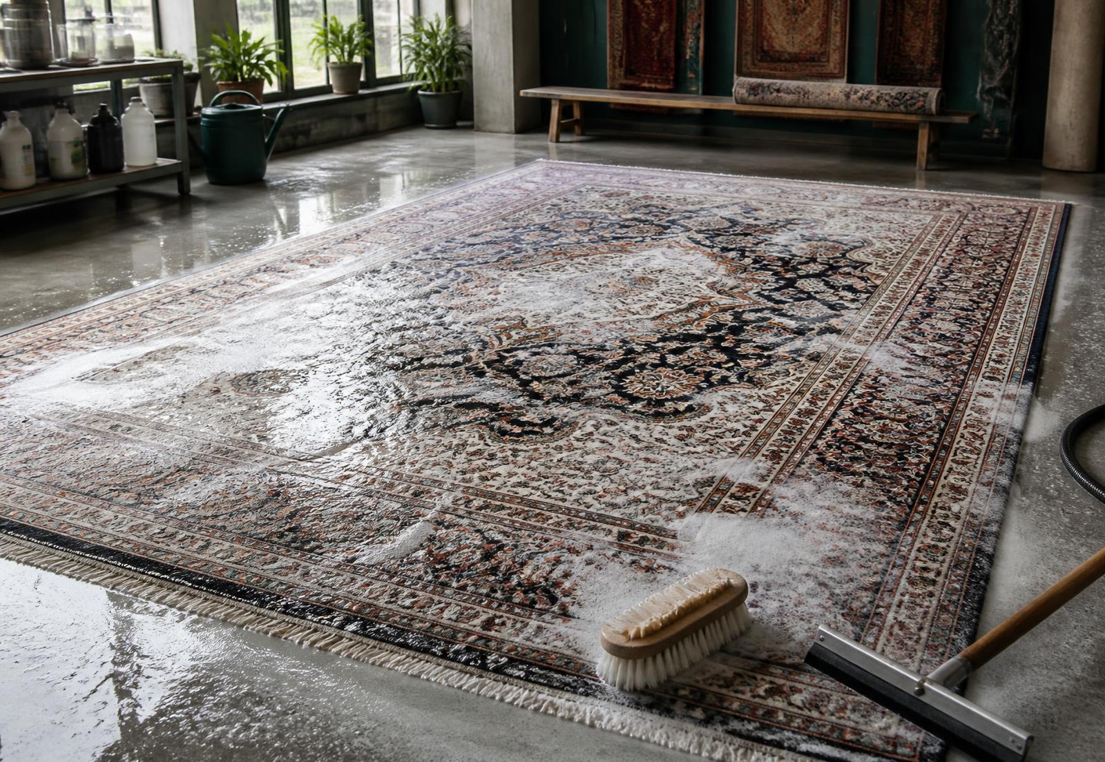 A patterned Persian rug laid flat on a workshop floor being hand washed with cold water and plant-based soap